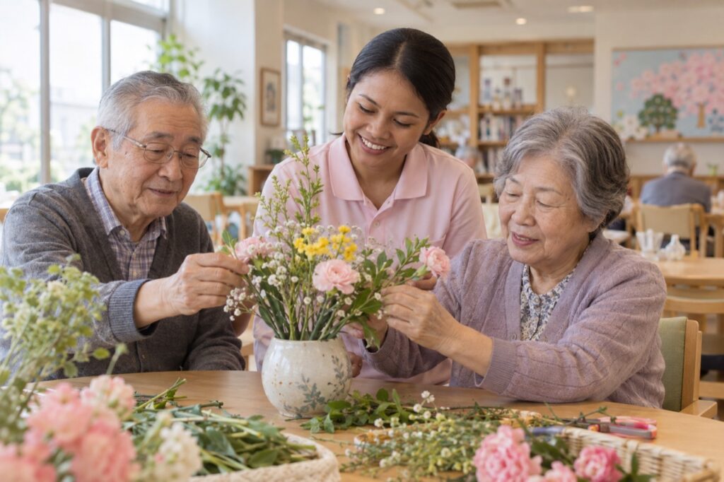 介護施設で花を生ける活動の場面