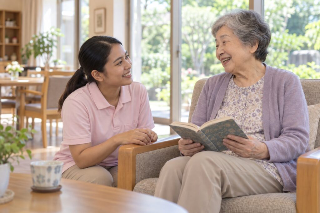 利用者の話を聞く介護職員
