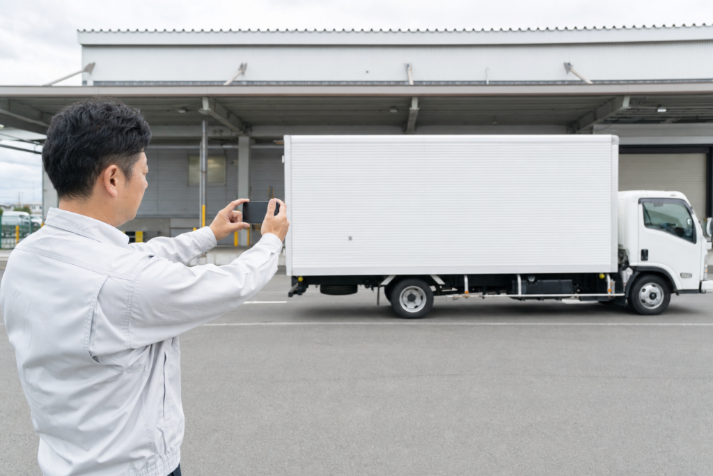 安全に停車した貨物車の外観写真を準備する担当者のイメージ。実際の申請用写真ではありません