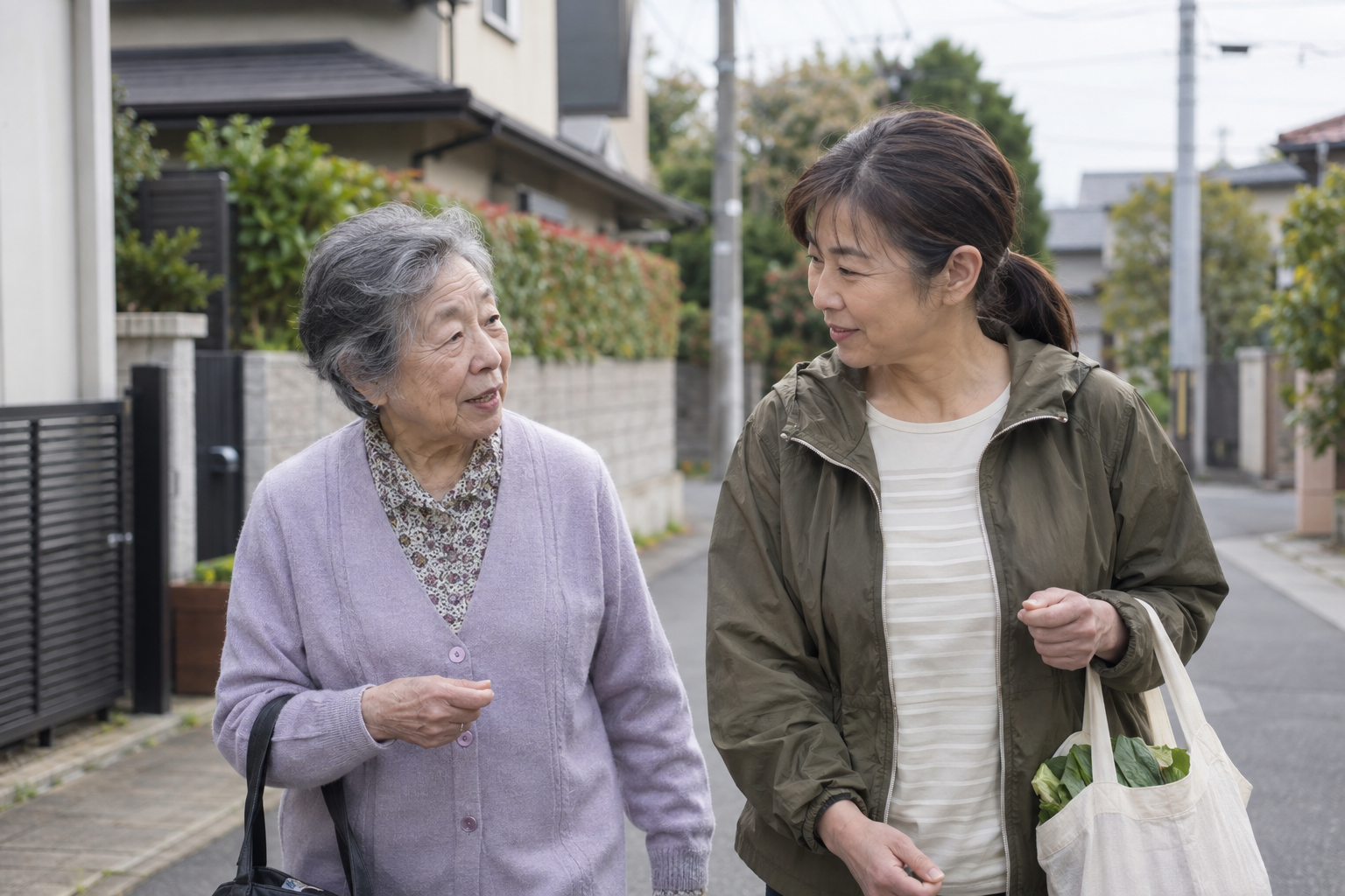 買い物帰りに会話をする高齢の女性と支援員（イメージ）