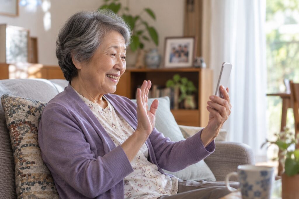 離れて暮らす家族と電話で話す高齢の女性