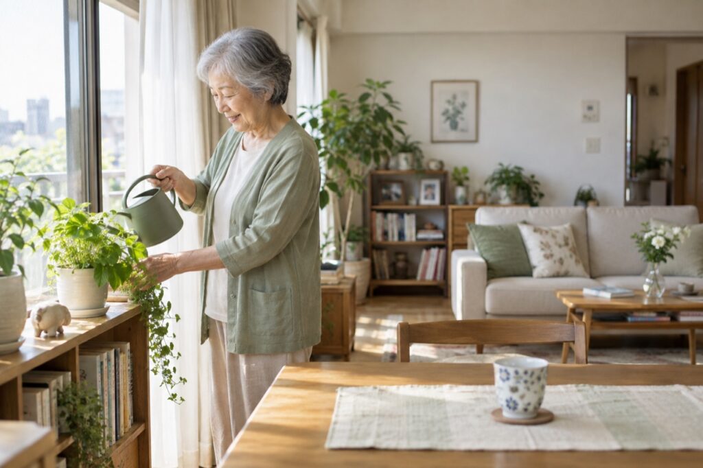 自宅で植物の手入れを楽しむ高齢の女性