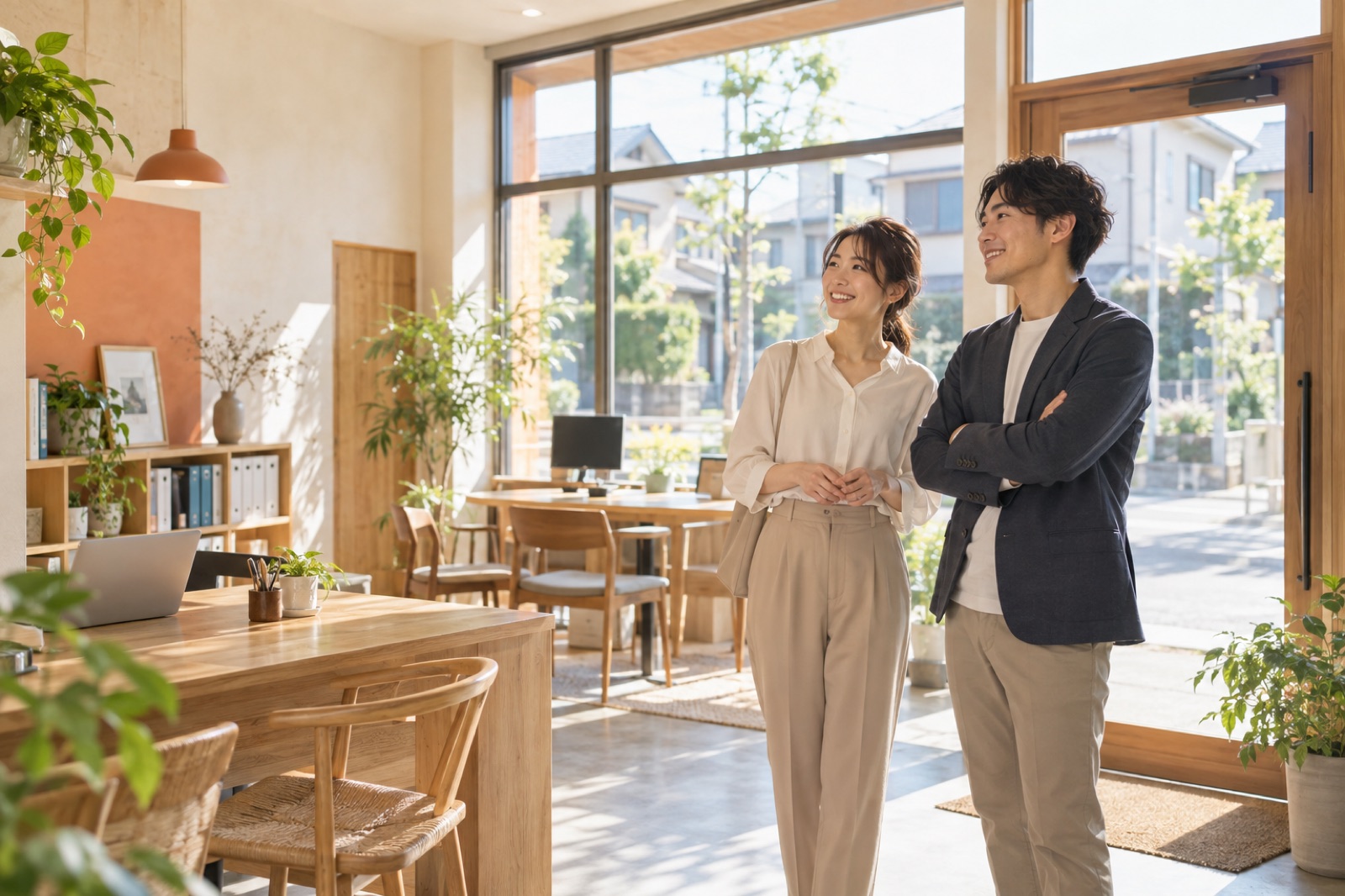 明るい事務所で開業の準備を進める二人