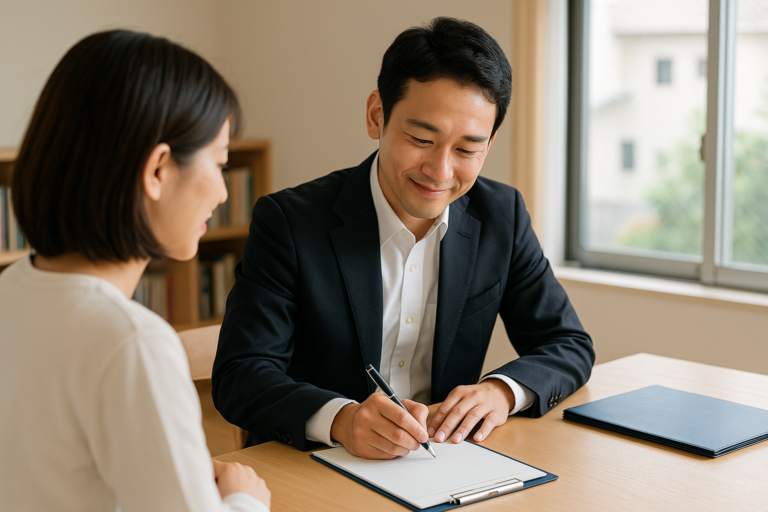 相談者と担当者が机で相談メモを確認するイメージ