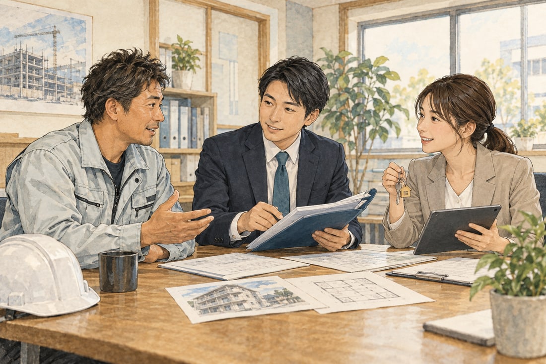 企業・行政書士・支援担当者が相談するイメージ