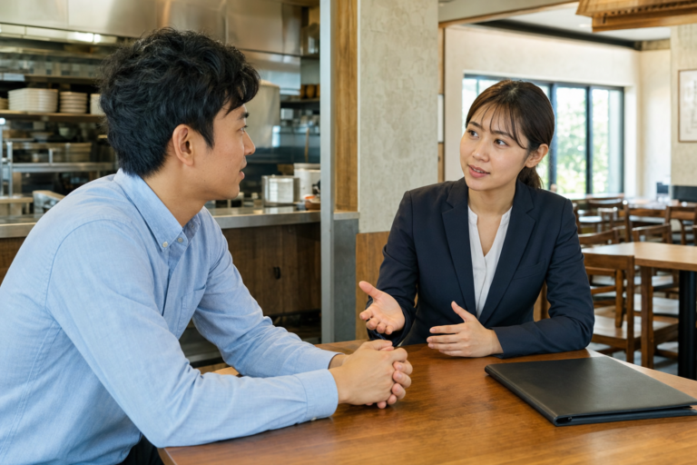 飲食店で外食業の外国人採用について相談する企業担当者と専門家