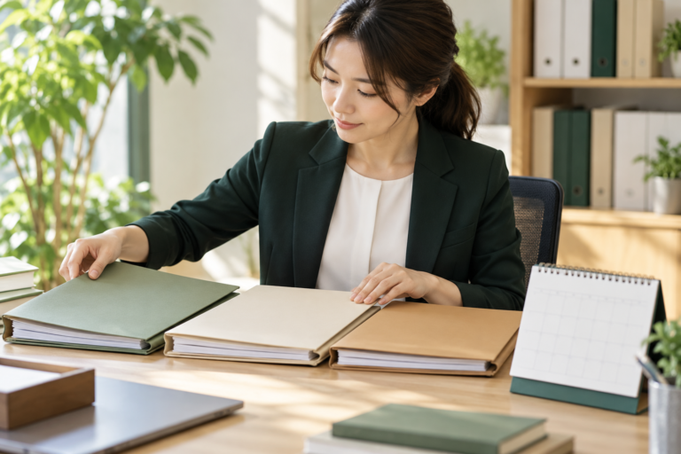 複数の行政手続きの優先順位と書類管理を整理する様子