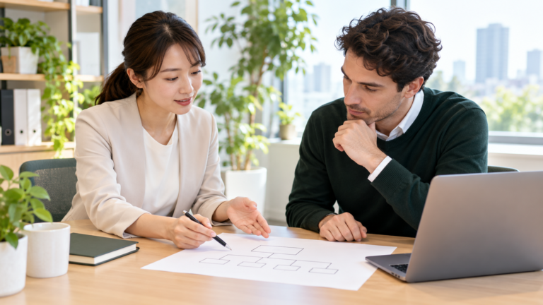 外国人社員の仕事内容を企業担当者が整理して確認する様子
