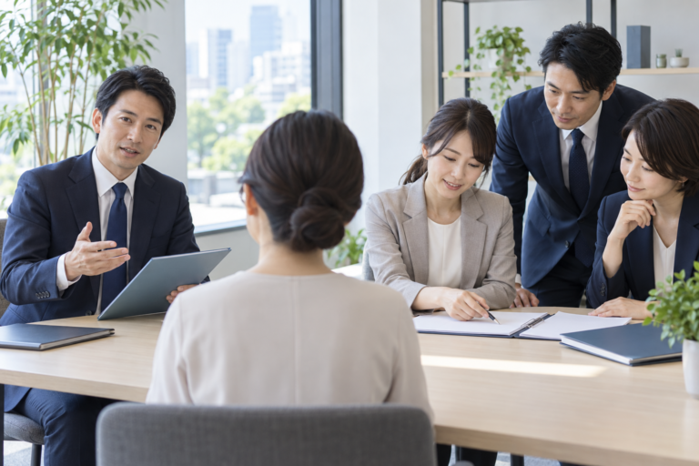 行政書士法人の担当チームが依頼者と相談内容を確認する様子