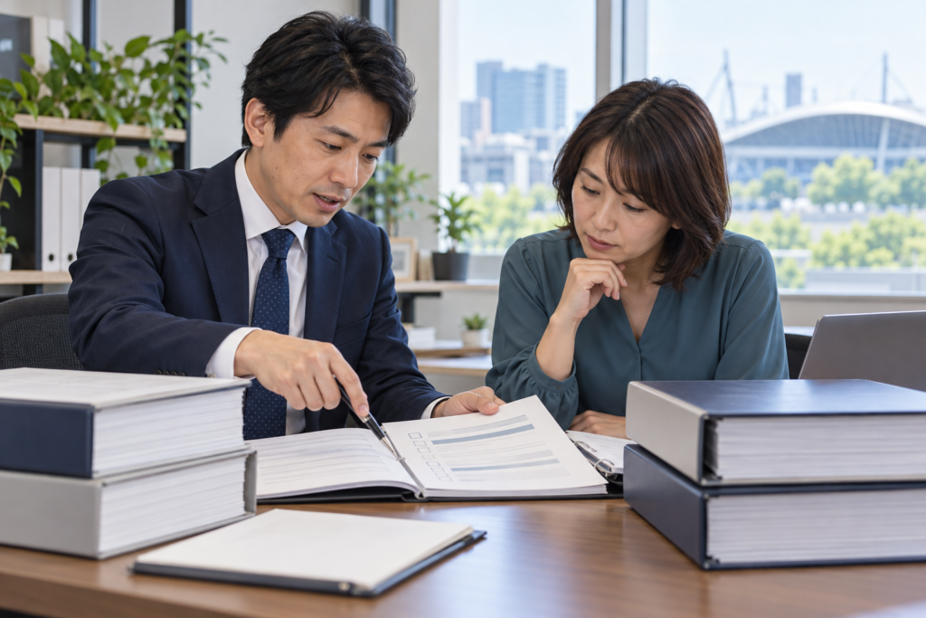 行政書士が法改正後の手続きチェック項目を依頼者と確認する様子