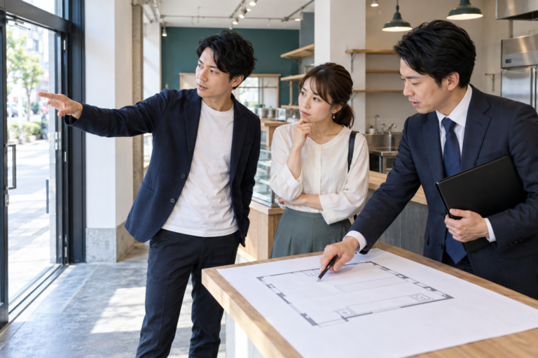 開業予定の店舗で事業者と行政書士が設備と間取りを確認する様子