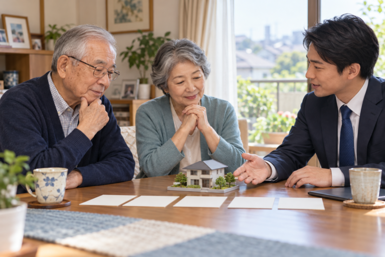 高齢者と家族が自宅で不動産処分と生活費の見通しを相談する様子