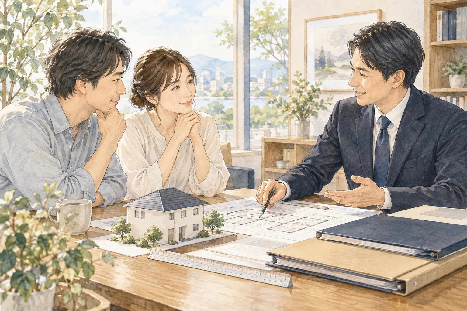 住宅の資料を囲んで相談する様子