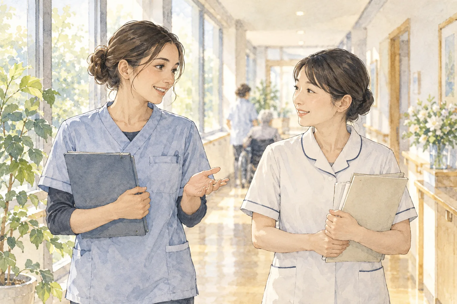 介護の現場で相談するスタッフ