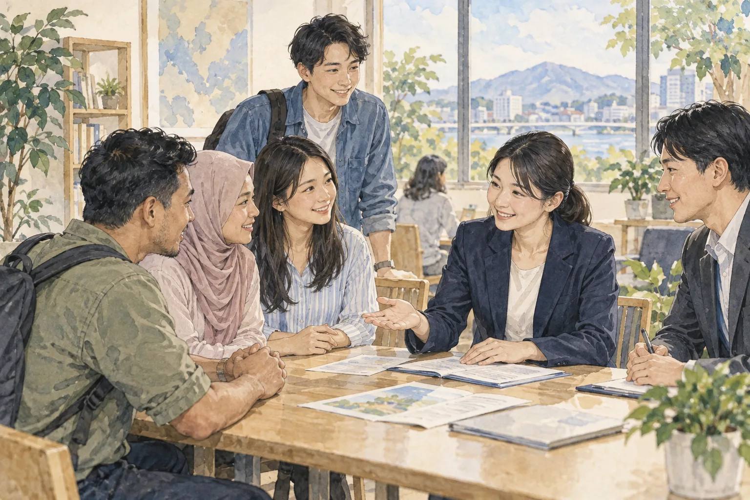来日後の暮らしについて相談する様子